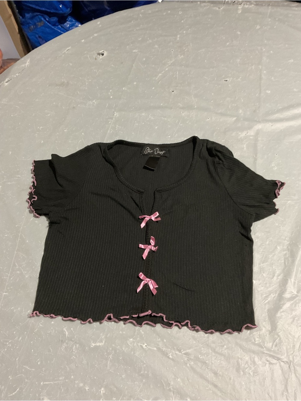 Black Ribbed Crop Tank Top with Pink Trim and Bows
